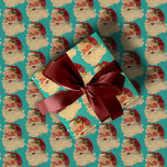 Vintage Santa Christmas Retro Teal Holiday Gift Wrapping Paper<br><div class="desc">repeating vintage crinkled santas faces on turquoise blue</div>