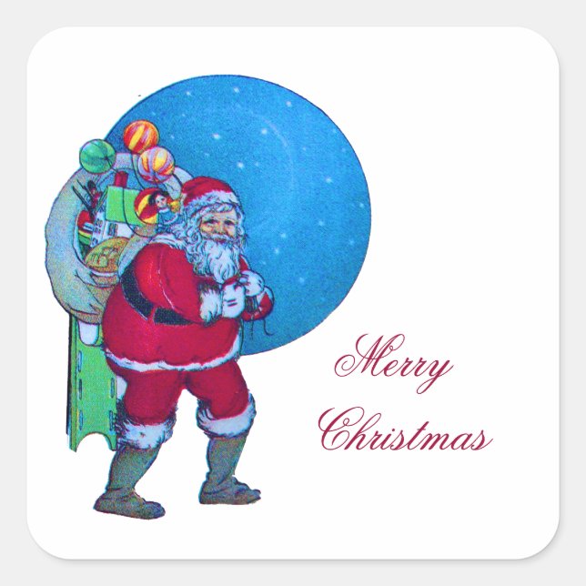 VINTAGE SANTA,CHRISTMAS SACK ,TOYS IN STARRY SKY SQUARE STICKER (Front)