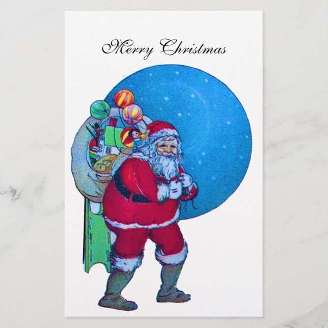VINTAGE SANTA,CHRISTMAS SACK ,TOYS IN STARRY SKY STATIONERY (Front)