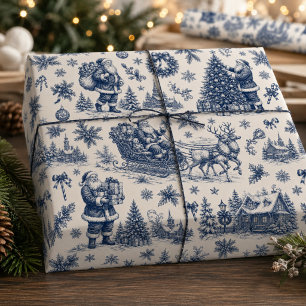 Vintage Santa Christmas Toile Navy & Ivory Wrapping Paper