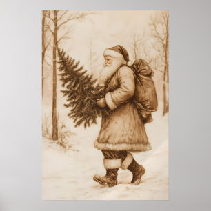 Vintage Santa Christmas Tree Art Print Retro