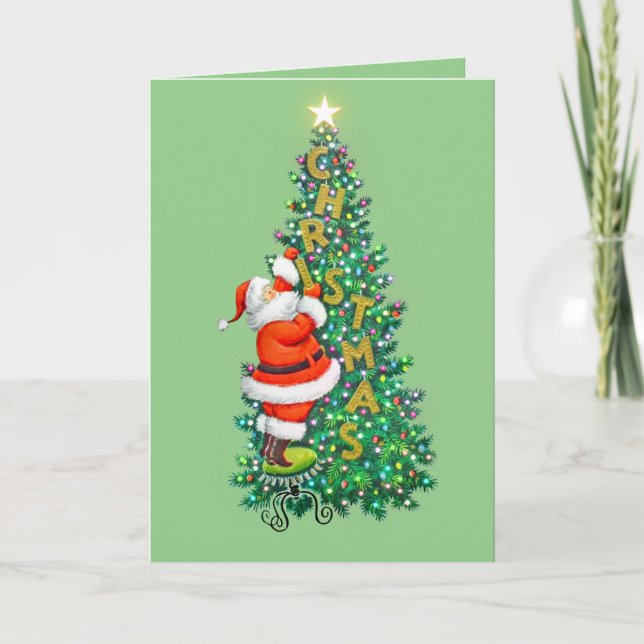 Vintage Santa Christmas Tree Holiday Card (Front)