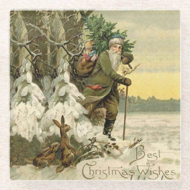 Vintage Santa Christmas Victorian Holiday Glass Coaster (Front)