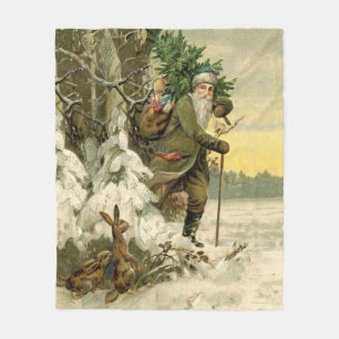 Vintage Santa Christmas Victorian Holiday Tree  Fleece Blanket
