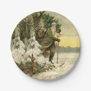 Vintage Santa Christmas Victorian Holiday Tree  Paper Plate