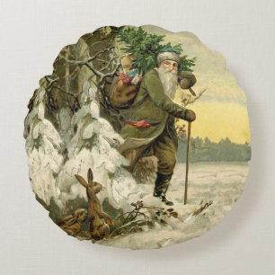 Vintage Santa Christmas Victorian Holiday Tree  Round Cushion