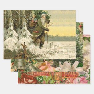 Vintage Santa Christmas Victorian Holiday Tree  Wrapping Paper Sheet