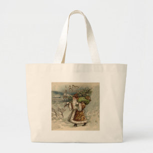Vintage Santa Claus and Christmas Tree Large Tote Bag