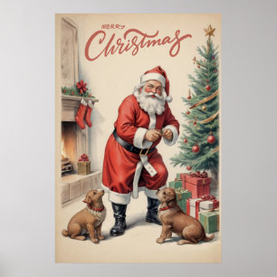 Vintage Santa Claus And Dogs Merry Christmas Poster