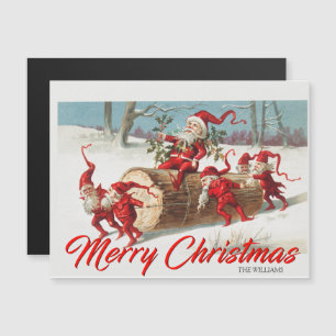 Vintage Santa Claus And Elves Snow Christmas Card