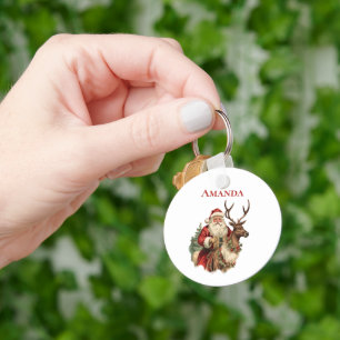 Vintage Santa Claus and Reindeer Christmas Key Ring