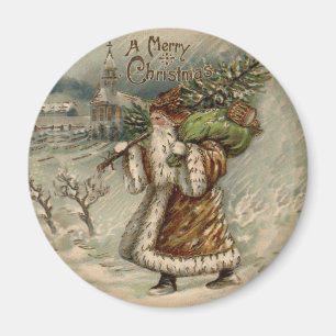 Vintage Santa Claus Art Christmas Tree Print Magnet
