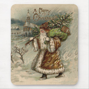Vintage Santa Claus Art Christmas Tree Print Mouse Pad