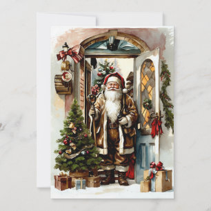Vintage Santa Claus at the Door  Holiday Card