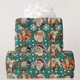 Vintage Santa Claus Cards Green White Snow Wrapping Paper