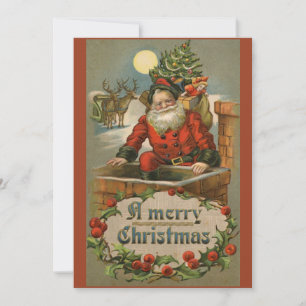 Vintage Santa Claus Chimney Reindeer Christmas Holiday Card