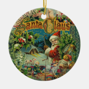 Vintage Santa Claus Christmas Artwork Painting Ceramic Tree Decoration