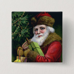Vintage Santa Claus Christmas Button Pin Square