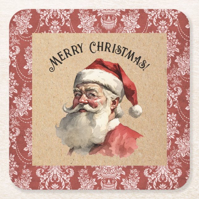 Vintage Santa Claus Christmas Square Paper Coaster (Front)