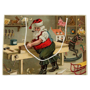 Vintage Santa Claus Christmas Workshop Large Gift Bag
