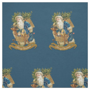 Vintage Santa Claus Classic Christmas Blue Pattern Fabric