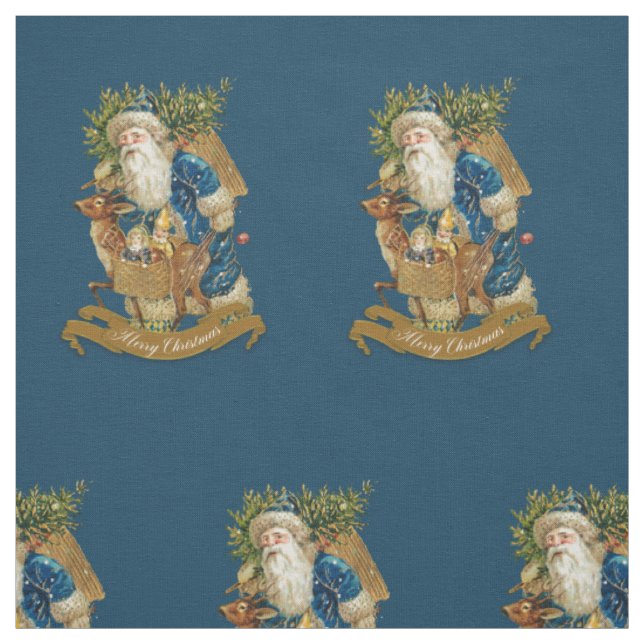 Vintage Santa Claus Classic Christmas Blue Pattern Fabric (Swatch)