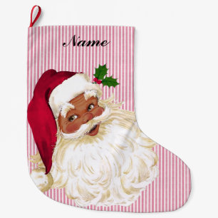 Vintage Santa Claus Cranberry & White Stripe Large Christmas Stocking
