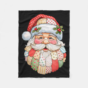 Vintage Santa Claus Face Patchwork Folk Art Christ Fleece Blanket