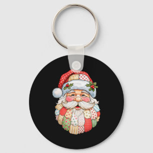 Vintage Santa Claus Face Patchwork Folk Art Christ Key Ring