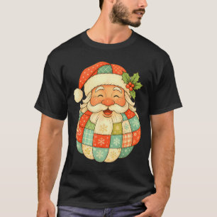 Vintage Santa Claus Face Patchwork Folk Art Christ T-Shirt