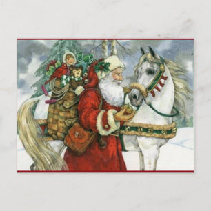 Vintage Santa Claus Feeding His White Horse Holiday Postcard