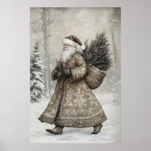 Vintage Santa Claus forest print, antique Poster