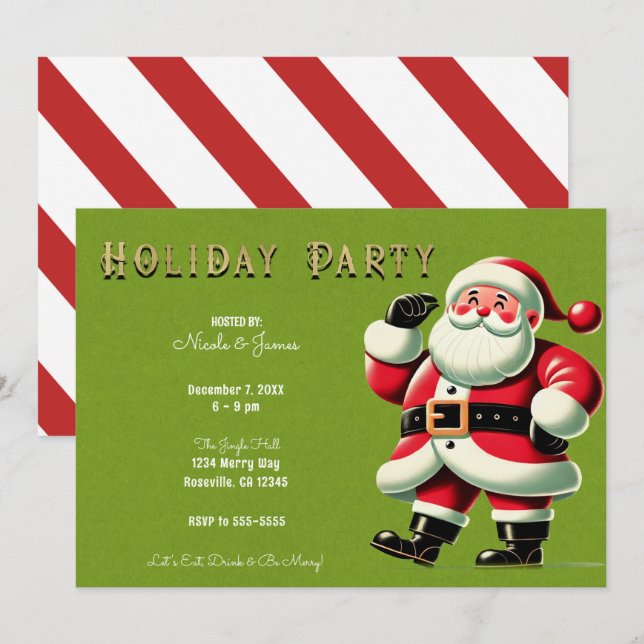 Vintage Santa Claus Green Christmas Holiday Party Invitation (Front/Back)