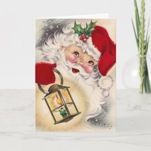 Vintage Santa Claus holding Lantern Holiday Card (Front)