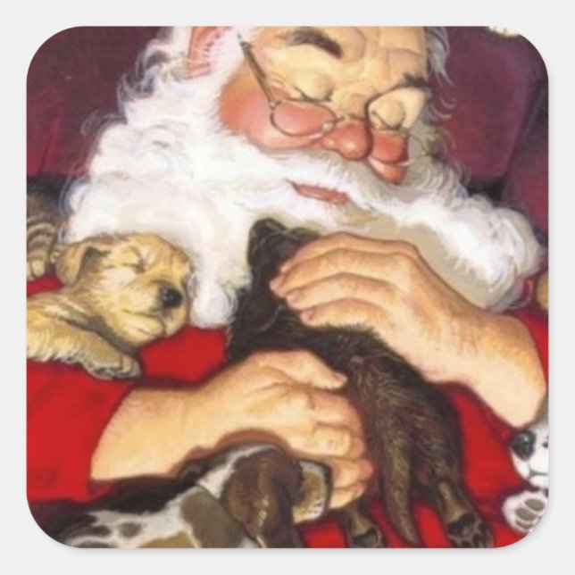 Vintage Santa Claus Holding Puppies Square Sticker (Front)