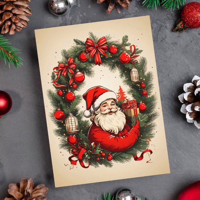 Vintage Santa Claus in Pine Wreath Holiday Card (Creator Uploaded)