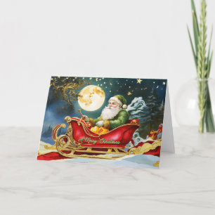 Vintage Santa Claus in Sleigh, Full Moon, Stars  Holiday Card