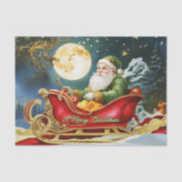 Vintage Santa Claus in Sleigh, Full Moon, Stars 
