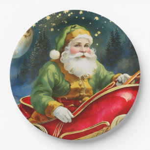 Vintage Santa Claus in Sleigh, Golden Moon, Stars  Paper Plate