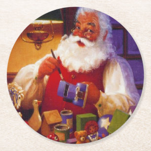 Vintage Santa Claus Making Toys Christmas Round Paper Coaster