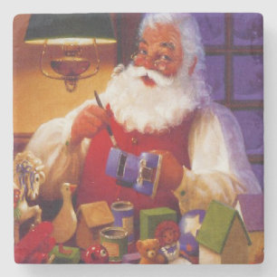 Vintage Santa Claus Making Toys Christmas Stone Coaster