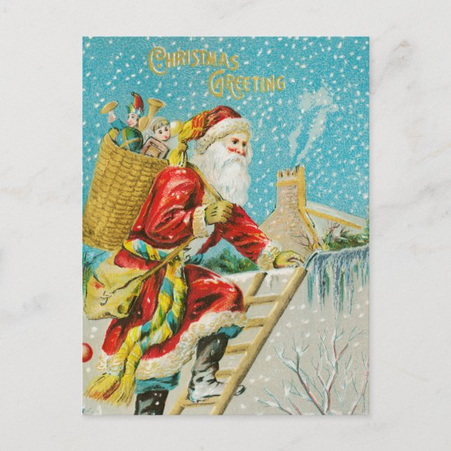 Vintage Santa Claus on Chimney Holiday Postcard (Front)
