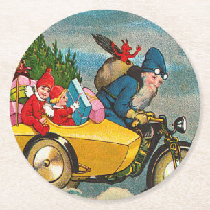 Vintage Santa Claus on Motorcycle Christmas Round Paper Coaster