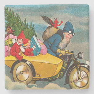 Vintage Santa Claus on Motorcycle Christmas Stone Coaster