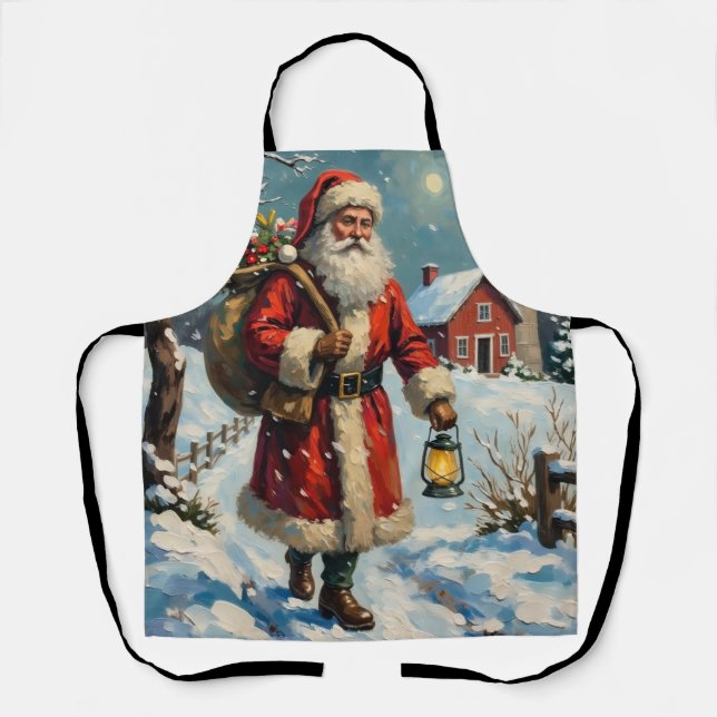 Vintage Santa Claus on Snowy Farmhouse Path Apron (Front)