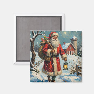 Vintage Santa Claus on Snowy Farmhouse Path Magnet