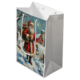 Vintage Santa Claus on Snowy Farmhouse Path Medium Gift Bag