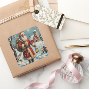Vintage Santa Claus on Snowy Farmhouse Path Square Sticker