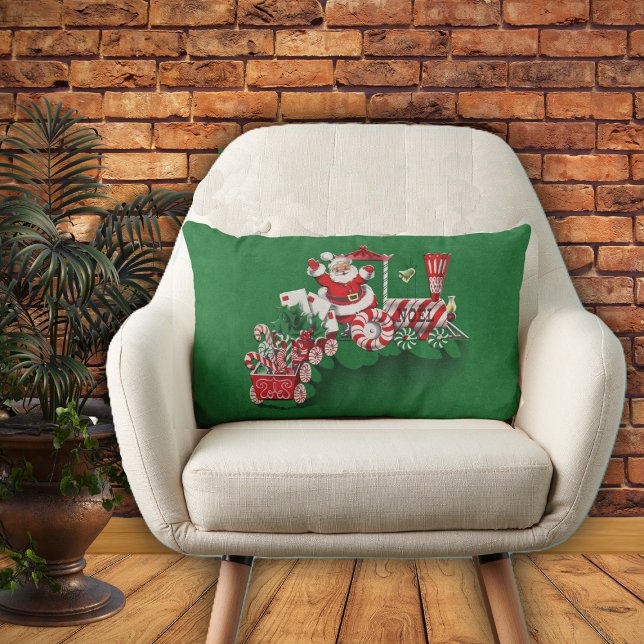 Vintage Santa Claus Peppermint Candy Train Lumbar Cushion (Santa riding on Christmas train with letters candy on green Christmas home decor decorative pillow.)