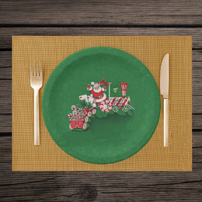 Vintage Santa Claus Peppermint Candy Train Paper Plate (Santa riding Christmas train with candy wheels carrying letters, candy canes on green paper plates.)